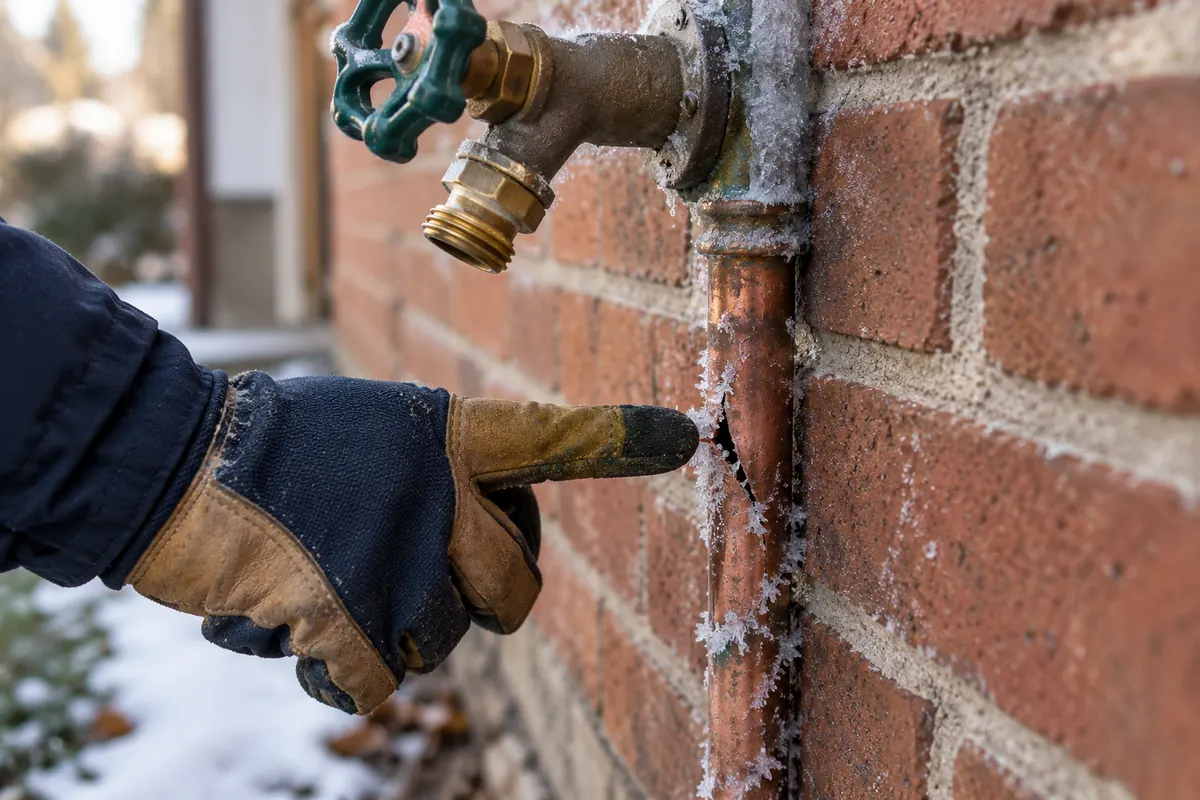 burst-frozen-pipe-repair-spokane Technician pointing to a burst frozen copper pipe on a brick home in North Idaho