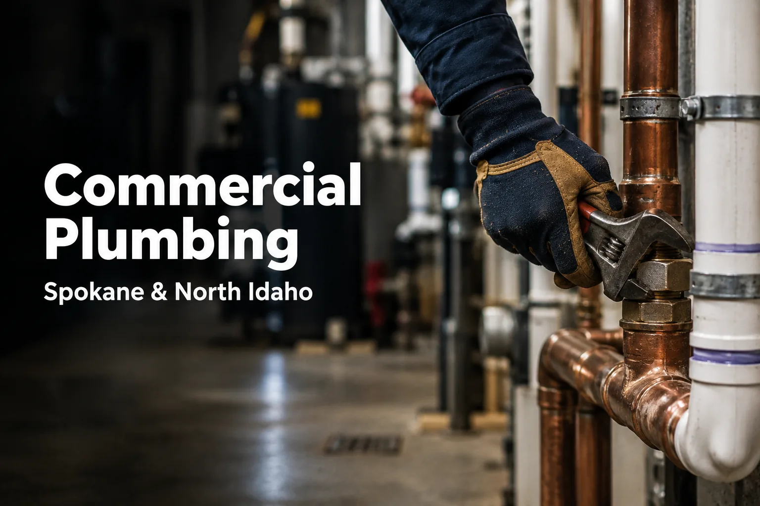 Commercial Plumbing Spokane Commercial plumbing in Spokane: a plumber tightens a copper water line fitting with a pipe wrench in a commercial mechanical room