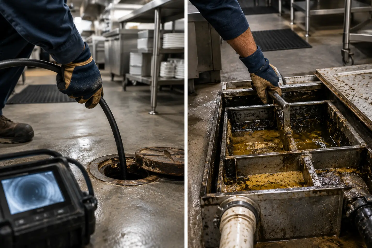 grease-trap-kitchen-line-cleaning Grease trap and kitchen line cleaning in a commercial restaurant: a plumber inspects the drain line with a sewer camera and cleans out the grease trap