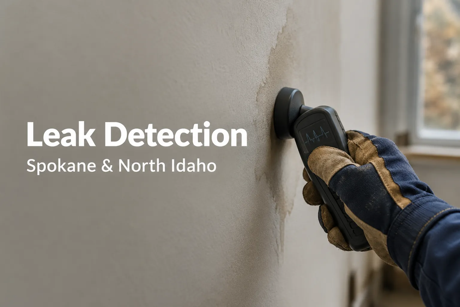 Leak Detection in Spokane and North Idaho Plumber using an electronic leak detector on a water-stained wall to find a hidden leak