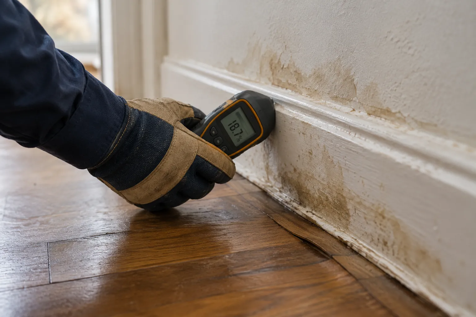 Moisture Meter Leak Detection Technician checking a water-damaged baseboard with a moisture meter during a leak inspection